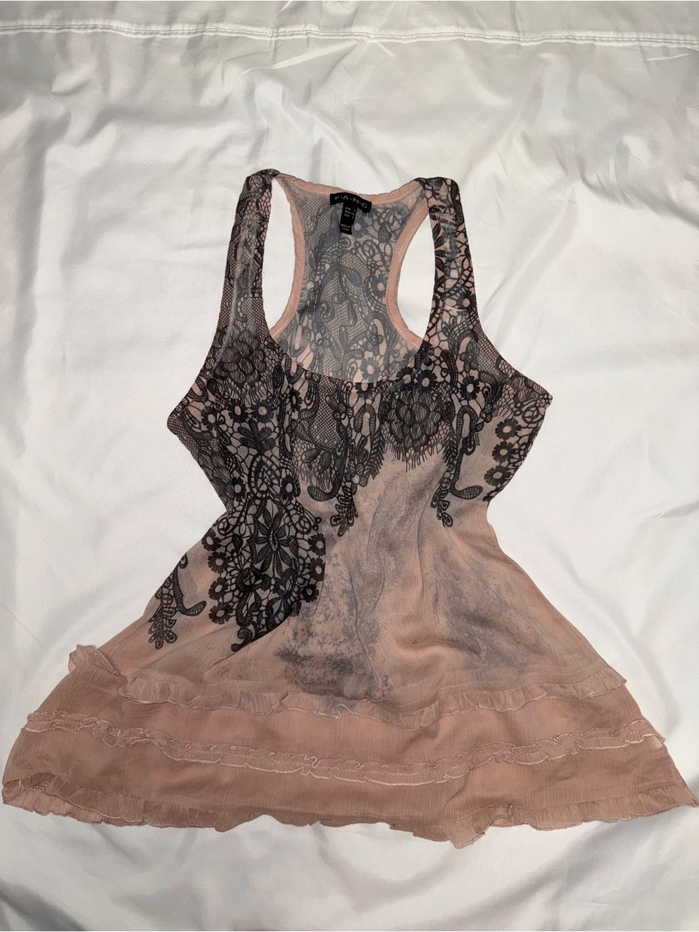 FANG Blush Pink Racerback Tank with Black Lace Print